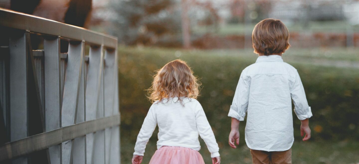 two young children walking away from viewer